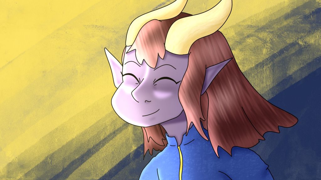 Cheevy, a purple-skinned tiefling with reddish brown hair and two pale yellow horns, smiling in the sunlight.