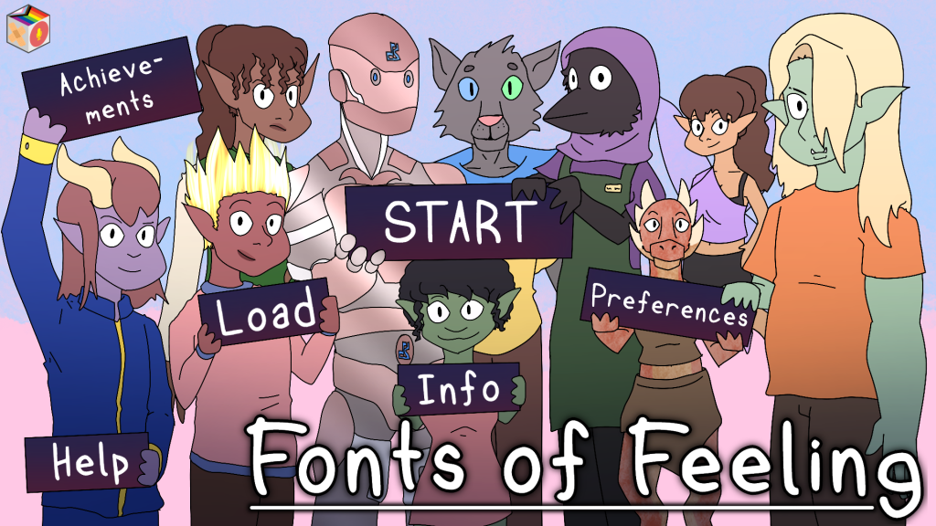 All 10 of the main love interests. From left to right: Cheevy, a tiefling. Fuego, a firekin. Yth, an elf. M4X, a "robot." Breadstick, a goblin. Thrill, a catfolk. Potion Swirl, a birdfolk. Guv, a kobold. Oregano, a fairy. And Loruk, a half-orc. They are holding the buttons for the main screen of the visual novel. "Fonts of Feeling" is written across the bottom.